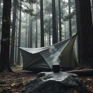 Forest bivouac in heavy rain