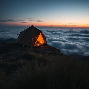 Ridge camp with tent at sunrise