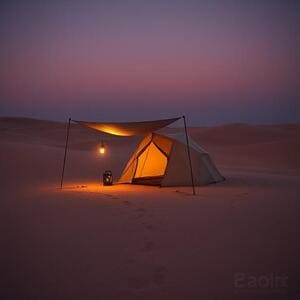 Desert bivouac at twilight among dunes